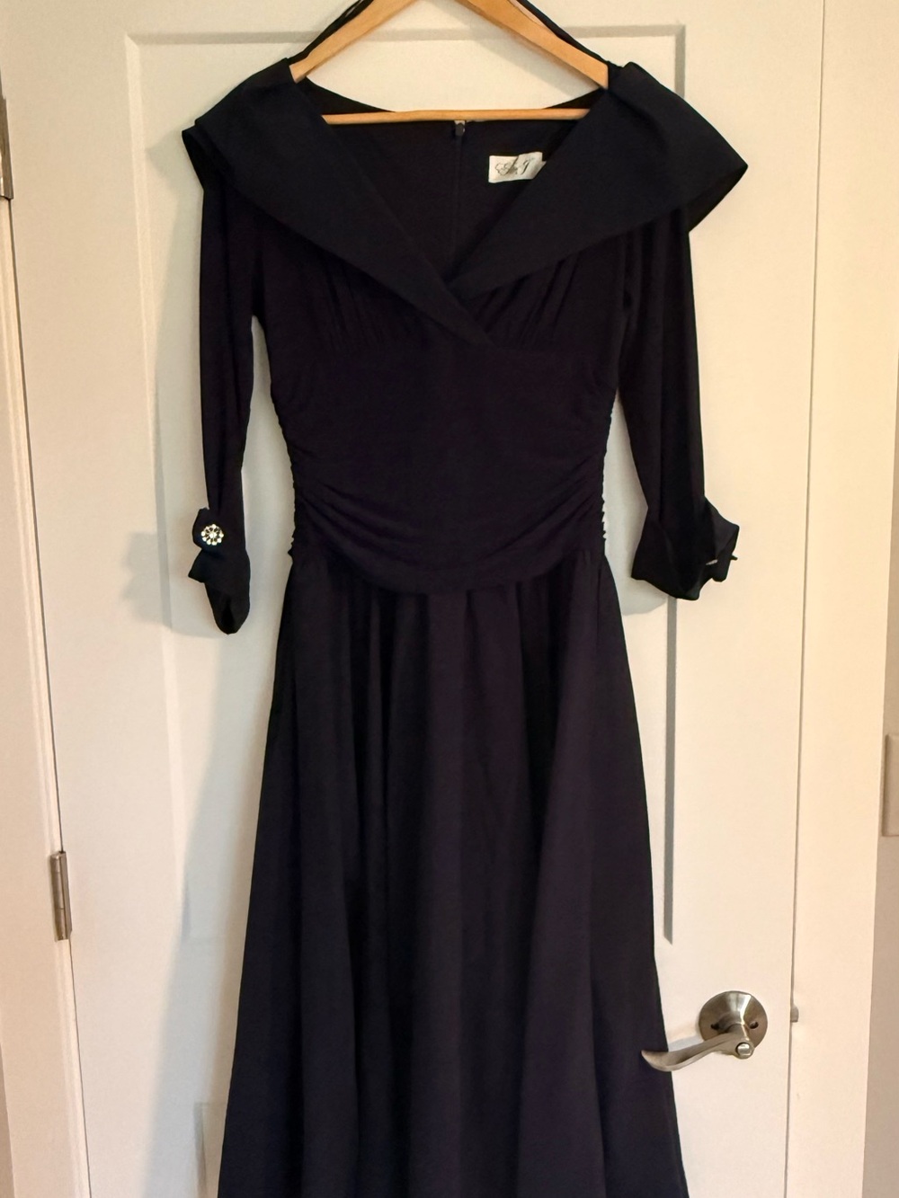 Eliza J Navy Long Sleeve Fit-and-Flare Dress with Jeweled Cuffs